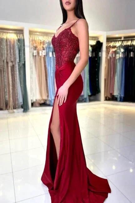 Amazing Long Mermaid Burgundy Spaghetti Straps Lace Prom Dress With Slit by misshow.com