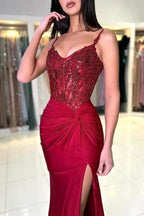 Amazing Long Mermaid Burgundy Spaghetti Straps Lace Prom Dress With Slit by misshow.com