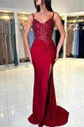 Amazing Long Mermaid Burgundy Spaghetti Straps Lace Prom Dress With Slit by misshow.com