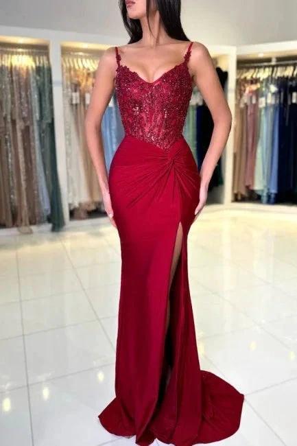 Amazing Long Mermaid Burgundy Spaghetti Straps Lace Prom Dress With Slit by misshow.com