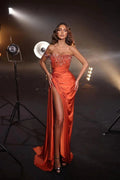 Amazing Long Orange Sleeveless Mermaid Split Front Prom Dress With Rhinestones by misshow.com