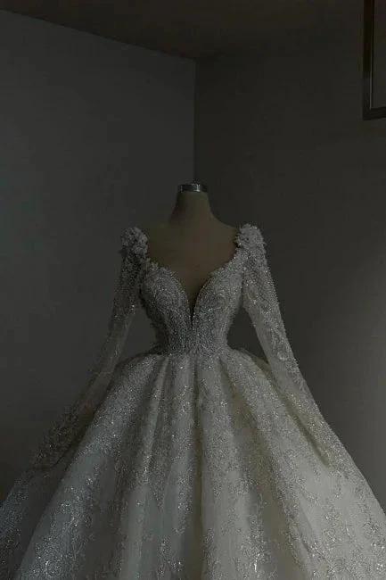 Amazing Long Princess A-line V-neck Lace Beading Wedding Dresses With Long Sleeves by misshow.com