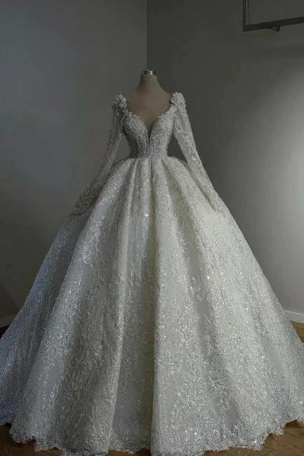 Amazing Long Princess A-line V-neck Lace Beading Wedding Dresses With Long Sleeves by misshow.com