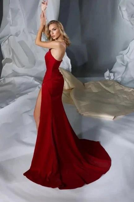 Amazing Long Red Strapless Satin Mermaid Prom Dress With Slit by misshow.com