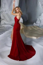 Amazing Long Red Strapless Satin Mermaid Prom Dress With Slit by misshow.com