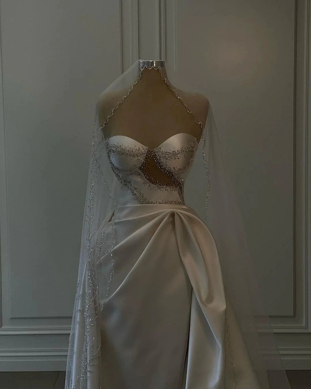 Amazing Long White Beading Sleeveless Satin Wedding Dress With Slit by misshow.com