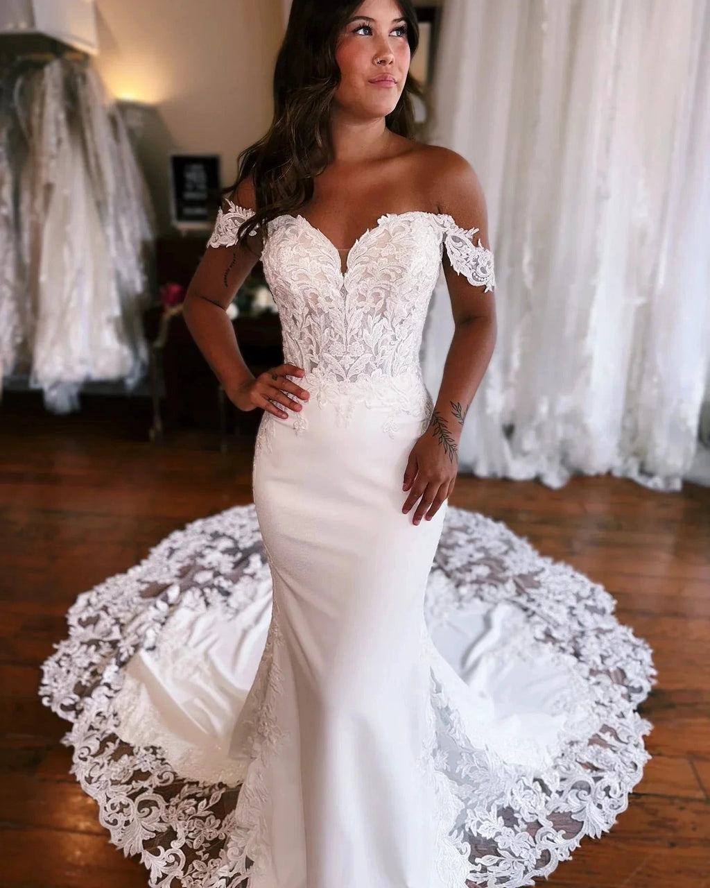 Amazing Mermaid Off-the-shoulder Sweetheart Sleeveless Appliques Satin Lace Train Wedding Dress by misshow.com