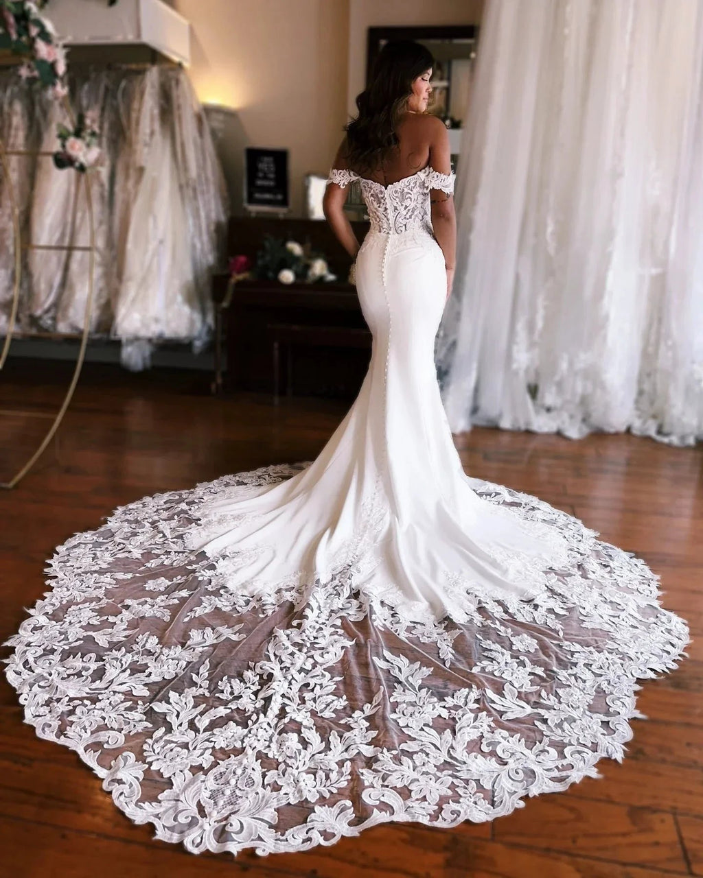 Amazing Mermaid Off-the-shoulder Sweetheart Sleeveless Appliques Satin Lace Train Wedding Dress by misshow.com