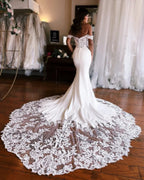 Amazing Mermaid Off-the-shoulder Sweetheart Sleeveless Appliques Satin Lace Train Wedding Dress by misshow.com