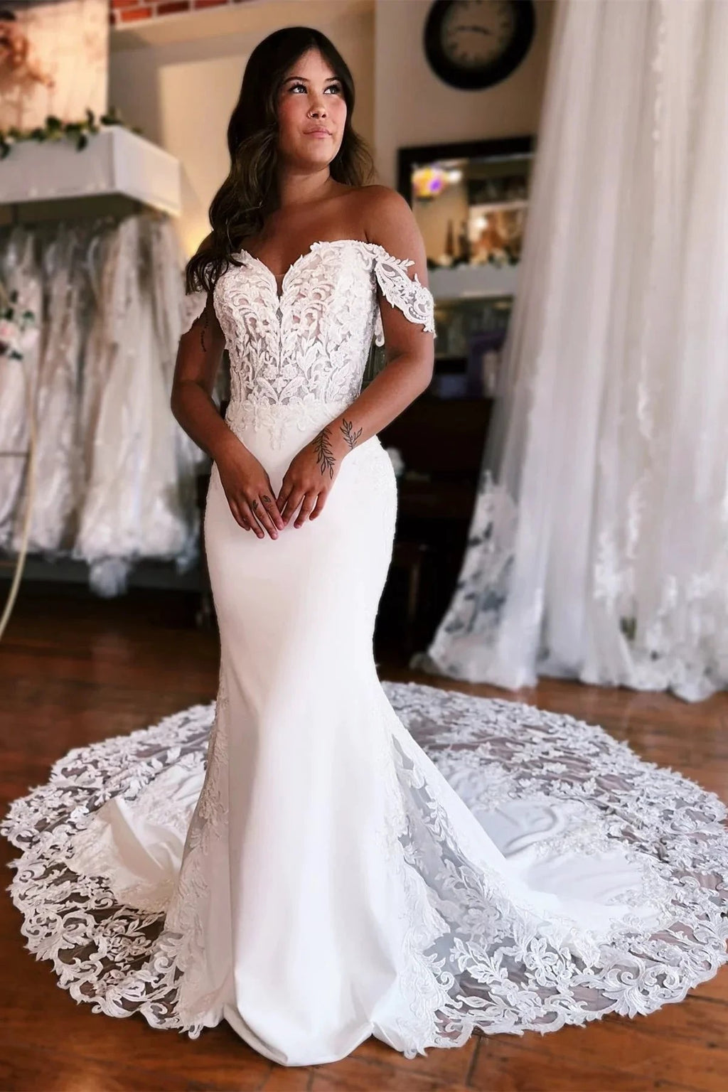 Amazing Mermaid Off-the-shoulder Sweetheart Sleeveless Appliques Satin Lace Train Wedding Dress by misshow.com
