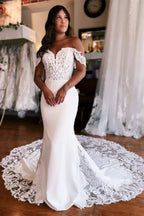 Amazing Mermaid Off-the-shoulder Sweetheart Sleeveless Appliques Satin Lace Train Wedding Dress by misshow.com