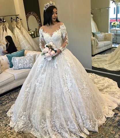 Erstaunliche neue geschwollenen Brautkleider Sheer Neck Long Sleeves Ballkleid Gericht Zug Perlen Spitze Braut Kleid mariage