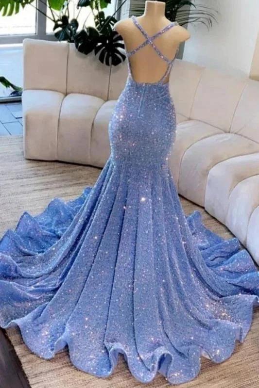 Amazing Sleeveless Glitter Mermaid Prom Dress Gold Crystals Slim Evening Gown by misshow.com