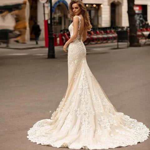 Applikationen Vestido De Noiva Tiefem V-ausschnitt Meerjungfrau Vestidos De Novia Vintage Brautkleider Spitze Robe De Mariée 