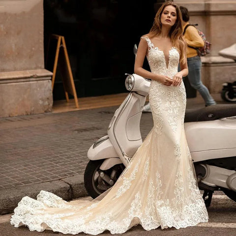 Applikationen Vestido De Noiva Tiefem V-ausschnitt Meerjungfrau Vestidos De Novia Vintage Brautkleider Spitze Robe De Mariée 