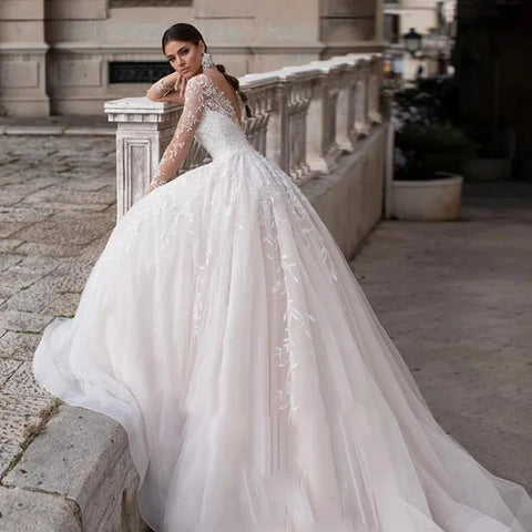 Applikationen Vestido De Noiva Tiefer V-Ausschnitt Vestidos De Novia Lange Ärmel Brautkleider Spitze Robe De Mariée 