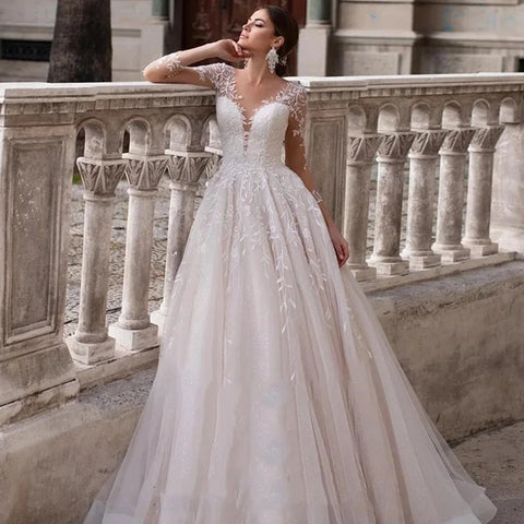 Applikationen Vestido De Noiva Tiefer V-Ausschnitt Vestidos De Novia Lange Ärmel Brautkleider Spitze Robe De Mariée 