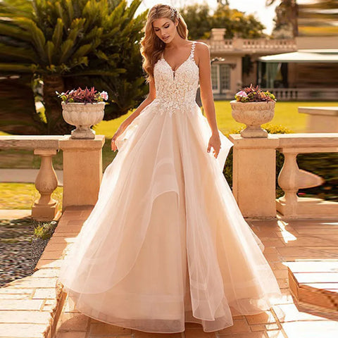 Applikationen Vestido De Noiva Sexy V-ausschnitt Vestidos De Novia Spaghetti-trägern Brautkleider Spitze Robe De Mariée 