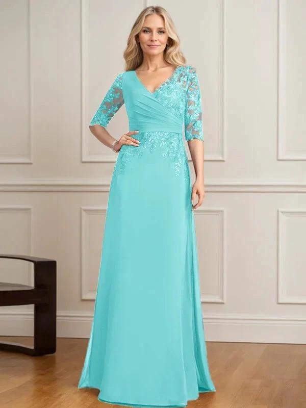 A-line V-Neck Floor-Length Lace Chiffon Mother of the Bride Dress With Pleated Sequins by Dreamylily