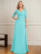 A-line V-Neck Floor-Length Lace Chiffon Mother of the Bride Dress With Pleated Sequins by Dreamylily