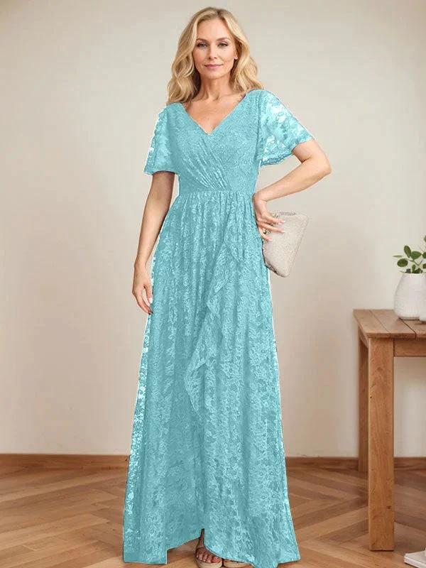 A-Line V-Neck Asymmetrical Lace Mother of the Bride Dress With Cascading Ruffles by Dreamylily