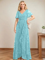 A-Line V-Neck Asymmetrical Lace Mother of the Bride Dress With Cascading Ruffles by Dreamylily