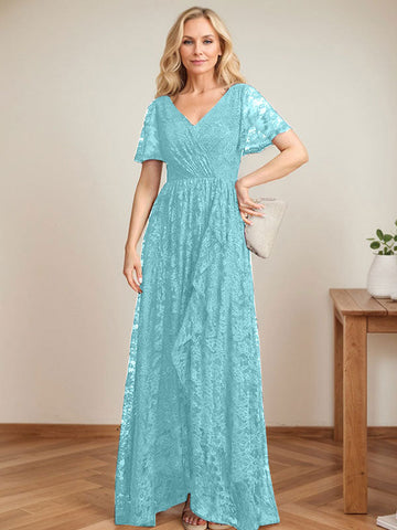 A-Line V-Neck Asymmetrical Lace Mother of the Bride Dress With Cascading Ruffles