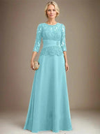 A-line Scoop Illusion Floor-Length Chiffon Lace Mother of the Bride Dress With Pleated Sequins Beading by Dreamylily