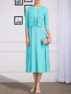 A-line Scoop Tea-Length Chiffon Mother of the Bride Dress With Pleated by Dreamylily
