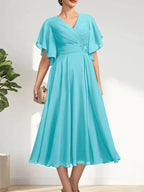 A-line V-Neck Tea-Length Chiffon Mother of the Bride Dress With Pleated Beading by Dreamylily