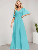 A-line V-Neck Floor-Length Lace Chiffon Mother of the Bride Dress With Sequins by Dreamylily