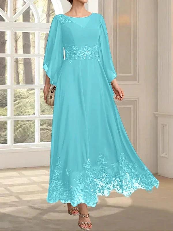 A-line Scoop Illusion Ankle-Length Lace Chiffon Mother of the Bride Dress With Sequins by Dreamylily