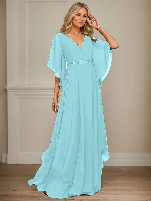 A-line V-Neck Floor-Length Chiffon Mother of the Bride Dress With Sequins Appliques Lace Beading by Dreamylily