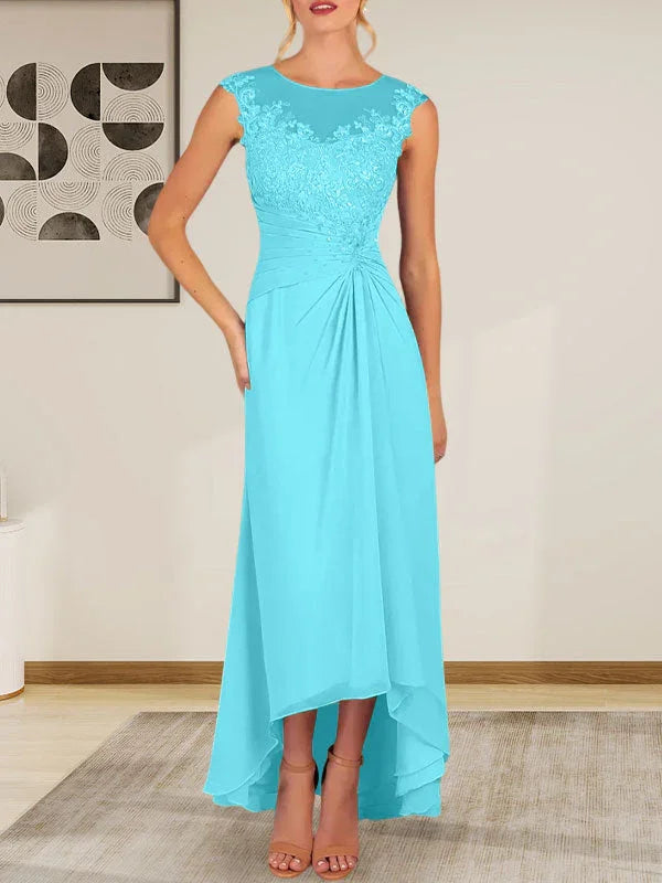 Vestido de gasa con encaje y escote redondo en forma de A color champán