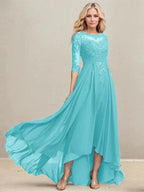 A-line Scoop Illusion Asymmetrical Lace Chiffon Mother of the Bride Dress With Pleated Sequins by Dreamylily