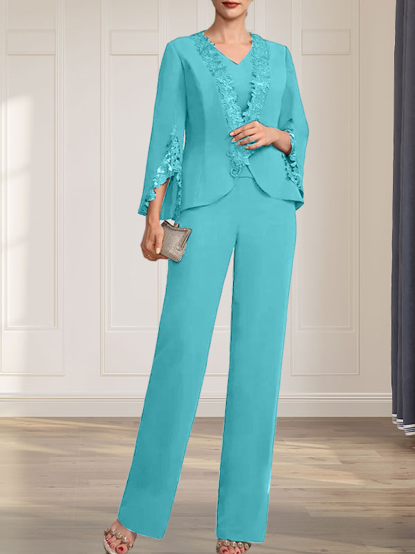 Separates Jumpsuit/Pantsuit V-Neck Floor-Length Chiffon Mother of the Bride Dress