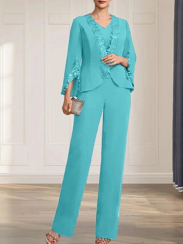 Separates Jumpsuit/Pantsuit V-Neck Floor-Length Chiffon Mother of the Bride Dress by Dreamylily