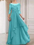 A-line Scoop Illusion Floor-Length Lace Chiffon Mother of the Bride Dress With Cascading Ruffles by Dreamylily