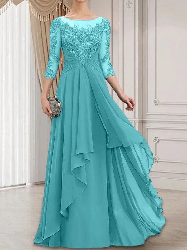 A-line Scoop Illusion Floor-Length Lace Chiffon Mother of the Bride Dress With Cascading Ruffles by Dreamylily