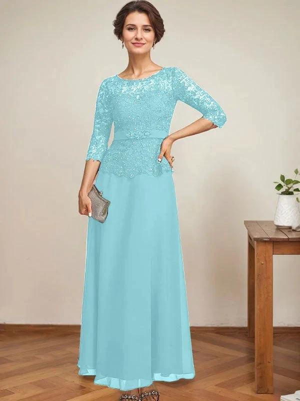 A-line Scoop Illusion Ankle-Length Chiffon Lace Mother of the Bride Dress With Rhinestone Beading by Dreamylily