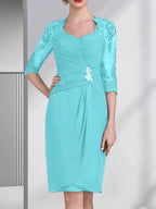 Sheath/Column Sweetheart Knee-Length Chiffon Mother of the Bride Dress With Beading Appliques Lace Sequins Pleated by Dreamylily