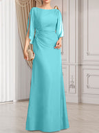 Etui-Linie/Säule U-Ausschnitt Bodenlang Chiffon Kleid für die Brautmutter mit Plissee Perlenbesatz