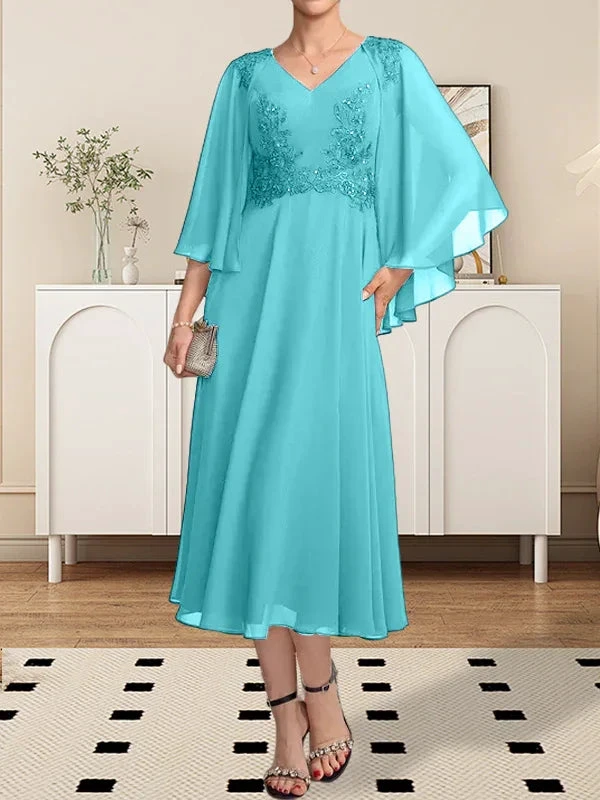 A-line V-Neck Tea-Length Chiffon Lace Mother of the Bride Dress With Beading Sequins by Dreamylily