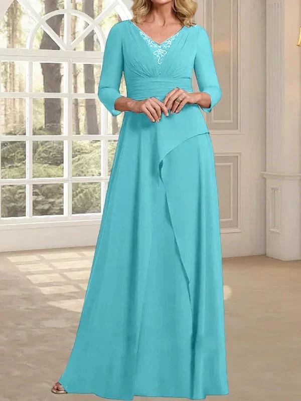 A-line V-Neck Floor-Length Chiffon Mother of the Bride Dress With Pleated Beading by Dreamylily