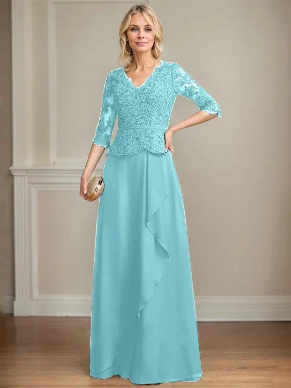 A-line V-Neck Floor-Length Lace Chiffon Mother of the Bride Dress With Cascading Ruffles Sequins by Dreamylily