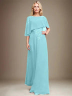 A-line Scoop Floor-Length Chiffon Lace Mother of the Bride Dress With Sequins Beading by Dreamylily