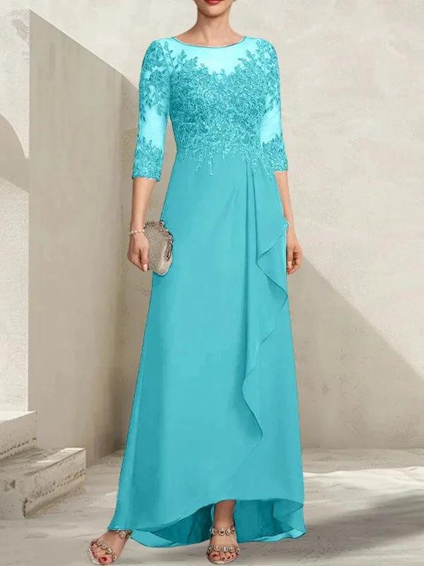 A-line Scoop Illusion Asymmetrical Lace Chiffon Mother of the Bride Dress With Sequins Cascading Ruffles by Dreamylily