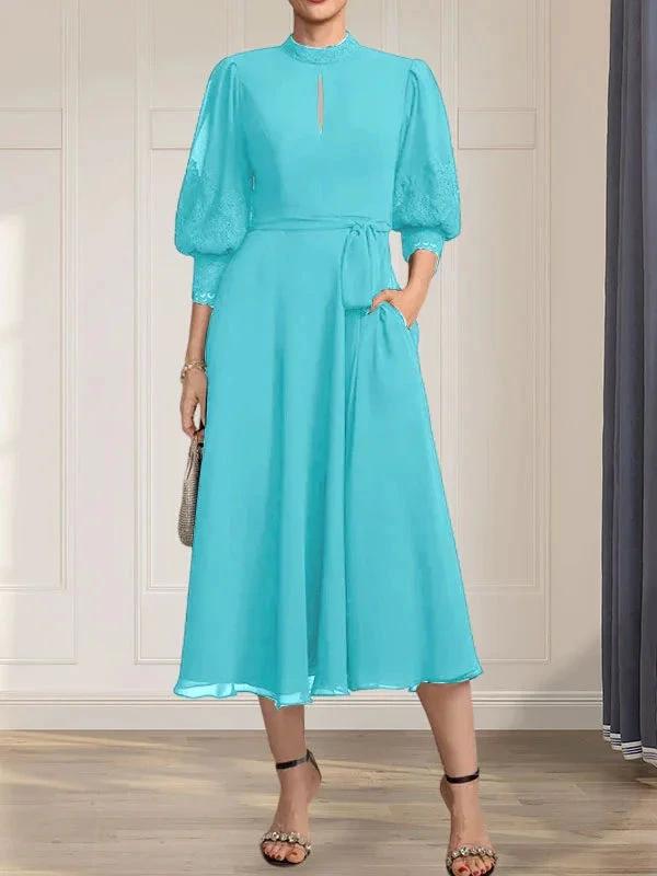 A-line High Neck Tea-Length Lace Chiffon Mother of the Bride Dress With Bow by Dreamylily