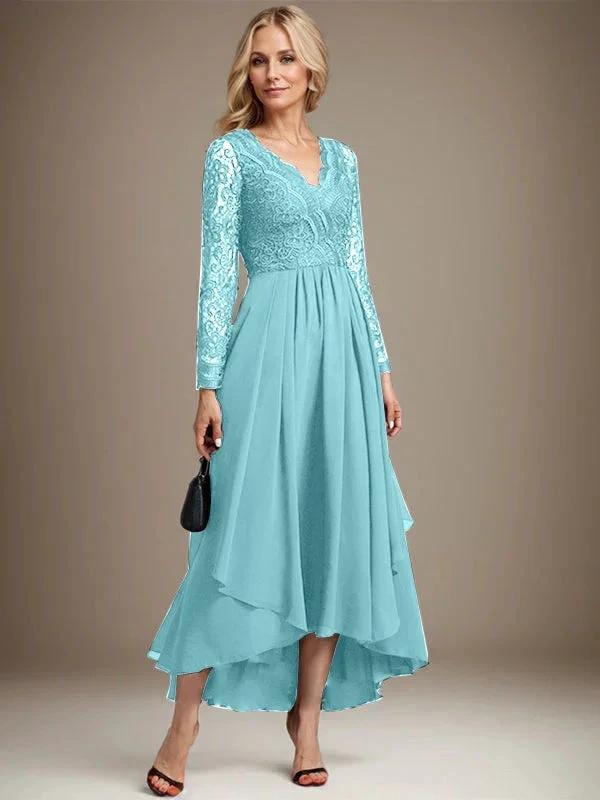 A-line V-Neck Asymmetrical Lace Chiffon Mother of the Bride Dress by Dreamylily
