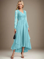 A-line V-Neck Asymmetrical Lace Chiffon Mother of the Bride Dress by Dreamylily